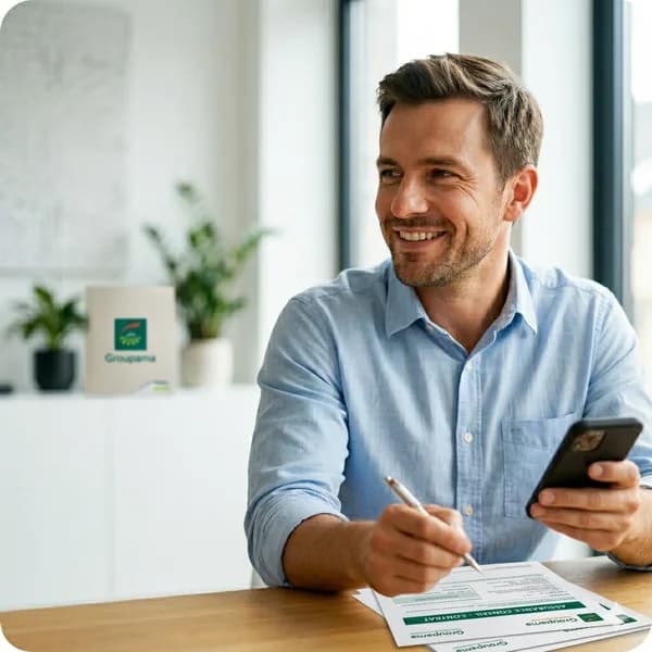 Conseiller MercatoTelecom souriant tenant un smartphone